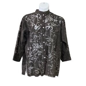 Chico's Woman's Sheer blouse topper SZ 2/ US L bamboo Mandarin collar cut outs